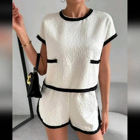 Color-Blocked WovenTape Patchwork Shirt And Short Set For Summer - Picture 1 of 7